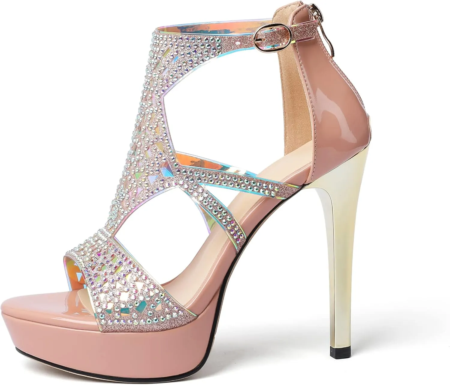 Eldof High Heeled Sandals for Women, Open Toe Strappy Platform Sandals, Cutout Gladiator Heels with Rinestones, Pumps Shoes for Dress Party Evening Summer