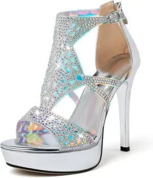 Eldof High Heeled Sandals for Women, Open Toe Strappy Platform Sandals, Cutout Gladiator Heels with Rinestones, Pumps Shoes for Dress Party Evening Summer