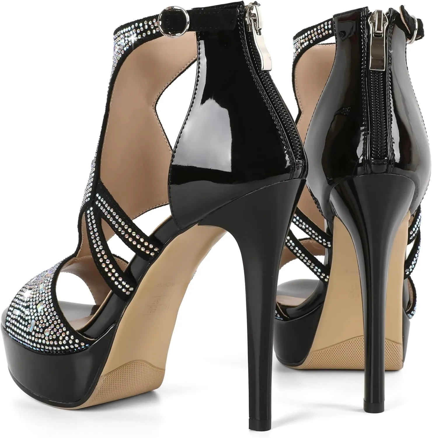 Eldof High Heeled Sandals for Women, Open Toe Strappy Platform Sandals, Cutout Gladiator Heels with Rinestones, Pumps Shoes for Dress Party Evening Summer