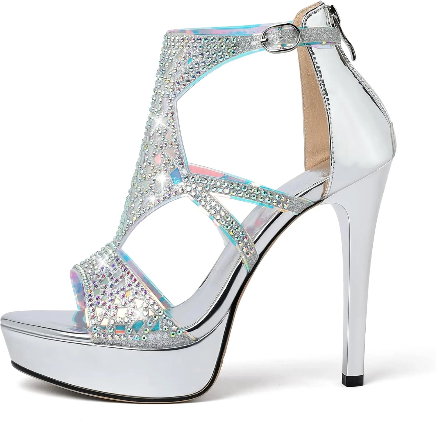 Eldof High Heeled Sandals for Women, Open Toe Strappy Platform Sandals, Cutout Gladiator Heels with Rinestones, Pumps Shoes for Dress Party Evening Summer