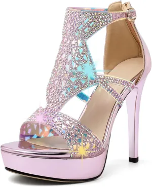 Eldof High Heeled Sandals for Women, Open Toe Strappy Platform Sandals, Cutout Gladiator Heels with Rinestones, Pumps Shoes for Dress Party Evening Summer