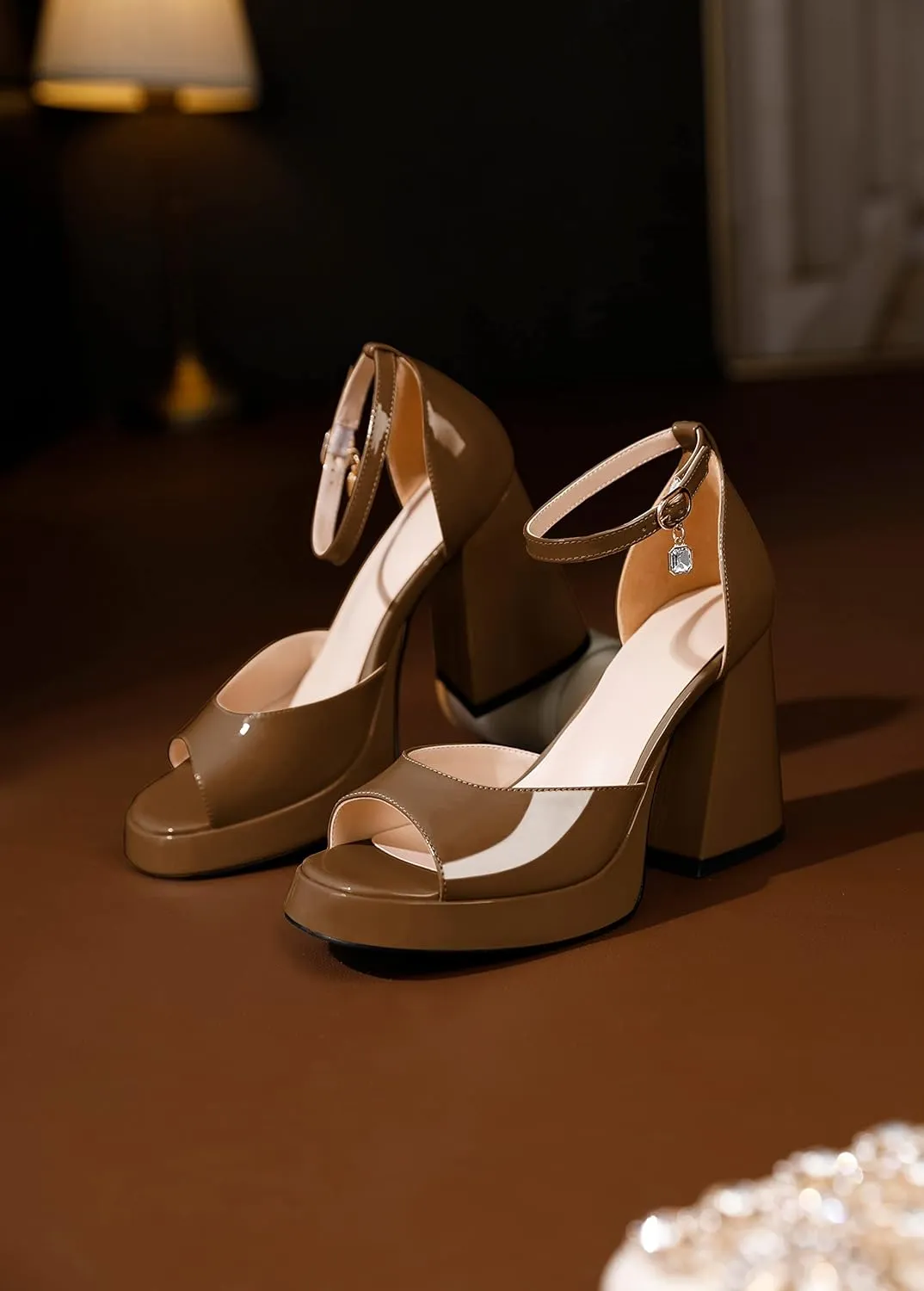 Eldof Platform Chunky Heels for Women Open Toe Heeled Sandals Ankle Strap Chunky High Heels Wedding Event Party Dress Shoes 4 Inches