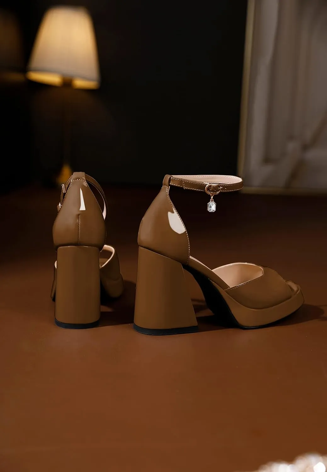 Eldof Platform Chunky Heels for Women Open Toe Heeled Sandals Ankle Strap Chunky High Heels Wedding Event Party Dress Shoes 4 Inches