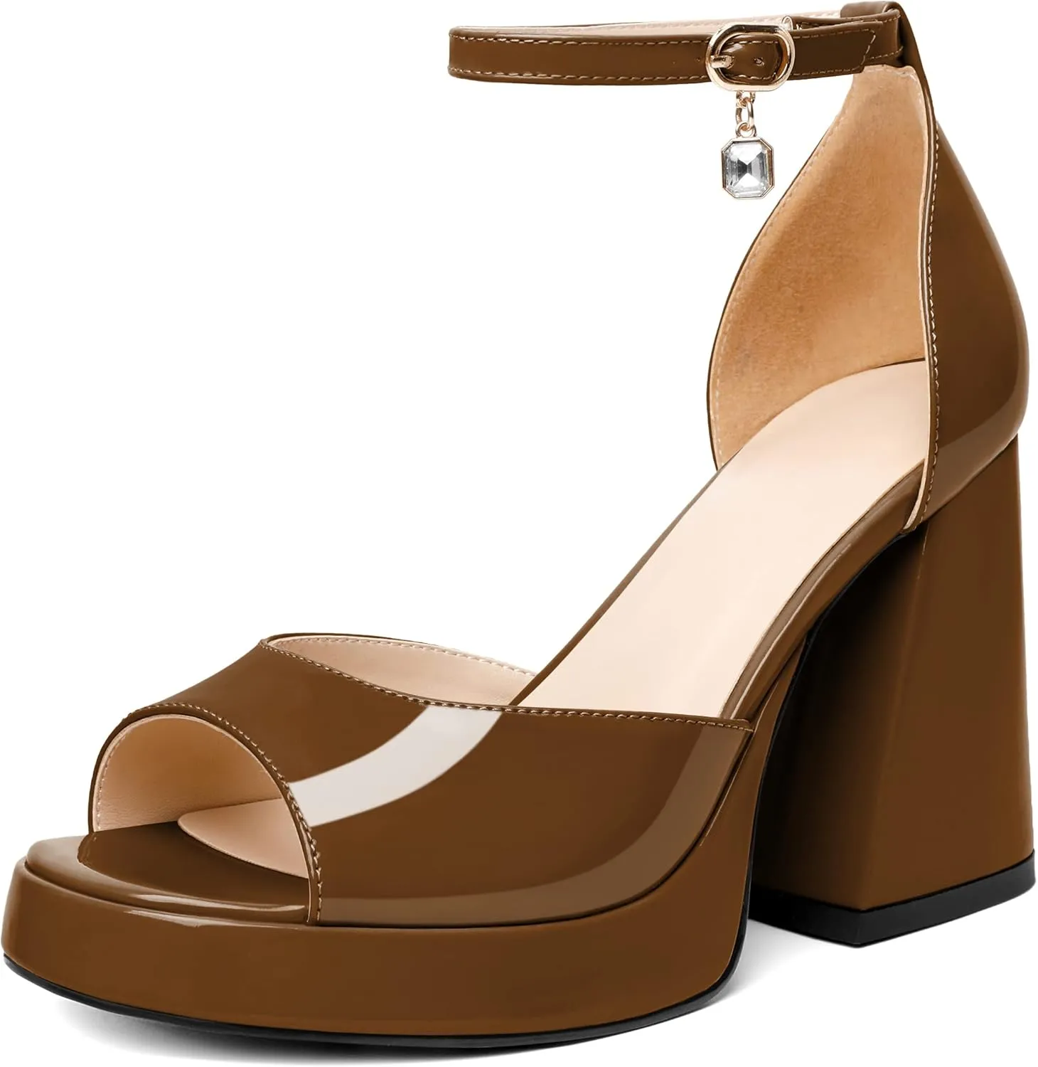 Eldof Platform Chunky Heels for Women Open Toe Heeled Sandals Ankle Strap Chunky High Heels Wedding Event Party Dress Shoes 4 Inches