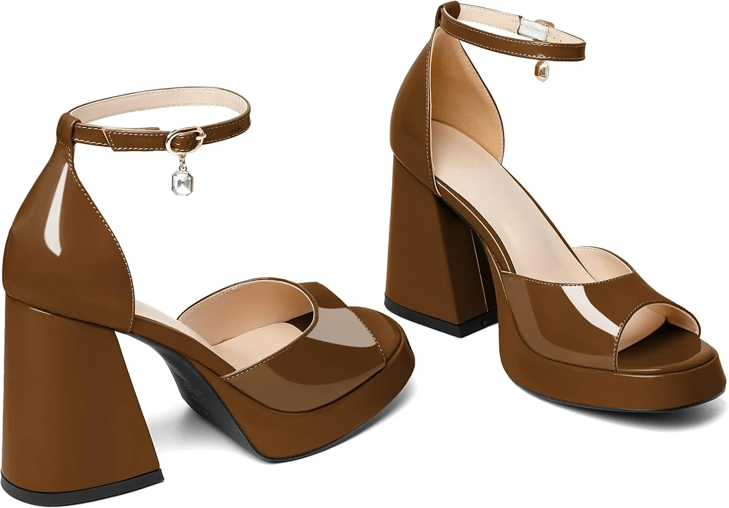 Eldof Platform Chunky Heels for Women Open Toe Heeled Sandals Ankle Strap Chunky High Heels Wedding Event Party Dress Shoes 4 Inches