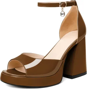 Eldof Platform Chunky Heels for Women Open Toe Heeled Sandals Ankle Strap Chunky High Heels Wedding Event Party Dress Shoes 4 Inches