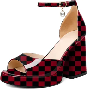Eldof Platform Chunky Heels for Women Open Toe Heeled Sandals Ankle Strap Chunky High Heels Wedding Event Party Dress Shoes 4 Inches