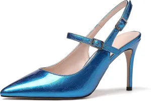 Eldof Women's High Heel Pumps, Pointed Toe Slingback Stiletto Heels with Adjustable Ankle Buckle, Classic Mary Jane Heels, 3.3 Inches Heeled Slingbacks Office Dress Shoes
