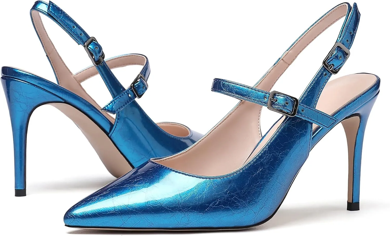 Eldof Women's High Heel Pumps, Pointed Toe Slingback Stiletto Heels with Adjustable Ankle Buckle, Classic Mary Jane Heels, 3.3 Inches Heeled Slingbacks Office Dress Shoes