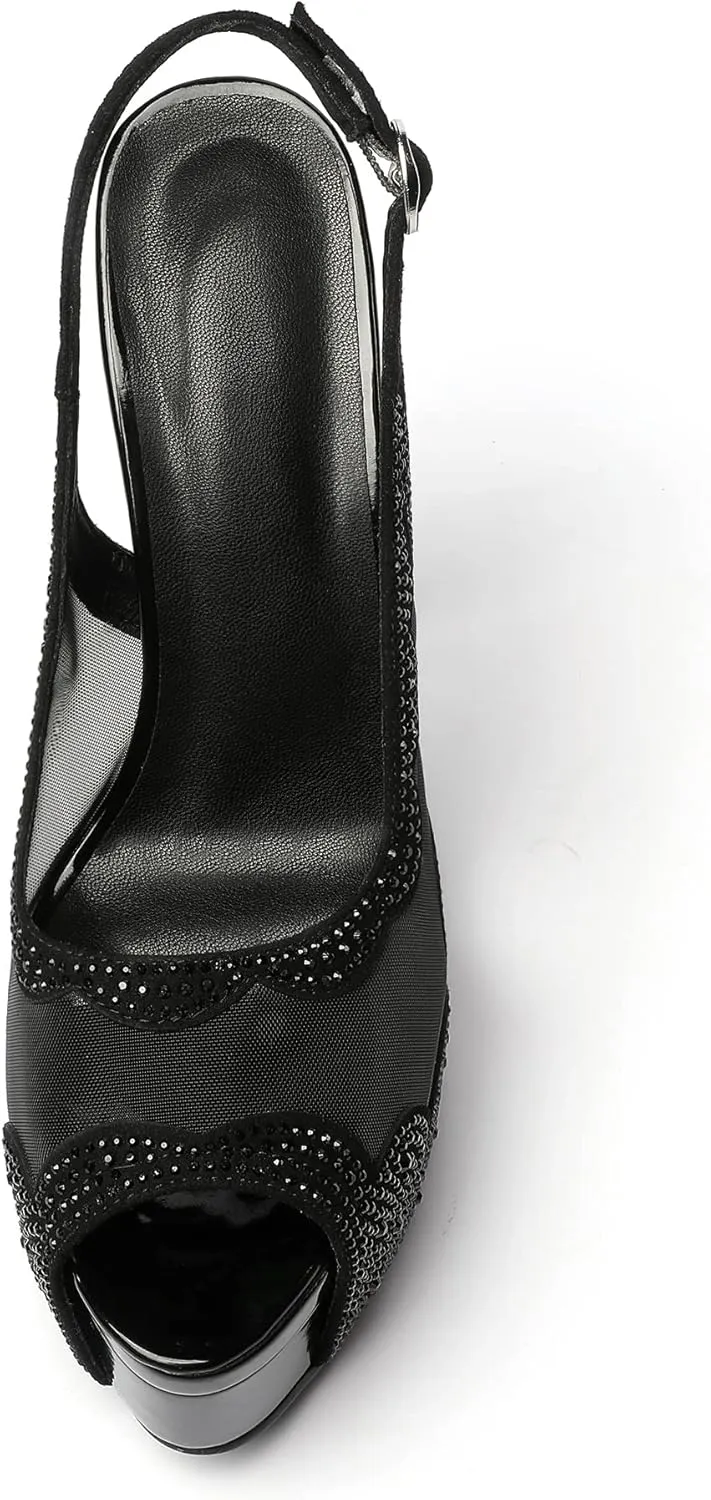 Eldof Women's High Heels Platform Shoes Peep Toe Slingbacks Pumps Rhinestones Sequins Lace Flowers Hollow Heels Sexy Stiletto Sandals for Dress Wedding Party