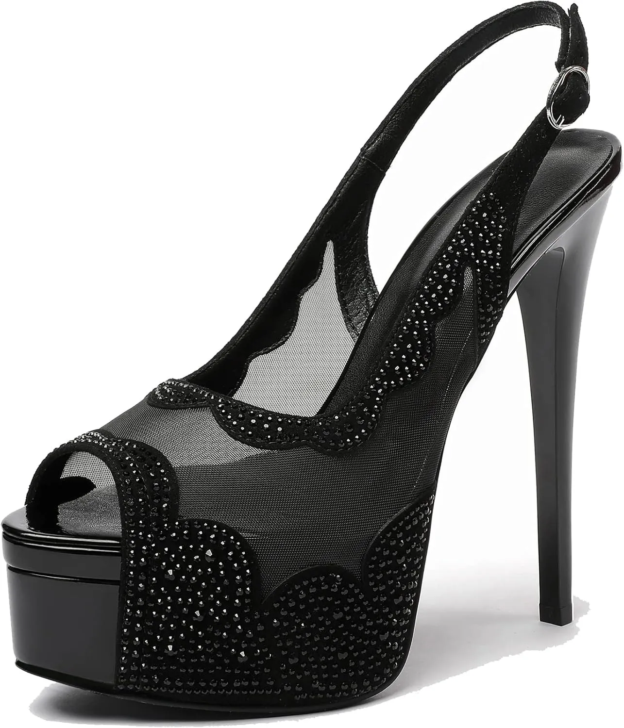 Eldof Women's High Heels Platform Shoes Peep Toe Slingbacks Pumps Rhinestones Sequins Lace Flowers Hollow Heels Sexy Stiletto Sandals for Dress Wedding Party