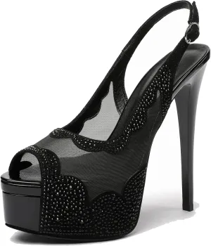 Eldof Women's High Heels Platform Shoes Peep Toe Slingbacks Pumps Rhinestones Sequins Lace Flowers Hollow Heels Sexy Stiletto Sandals for Dress Wedding Party