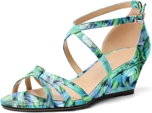Eldof Women's Open Toe Ankle Strap Criss Cross Wedge Sandals 2 Inches Low Heel Wedge Pumps Shoes for Dress Casual Work Event