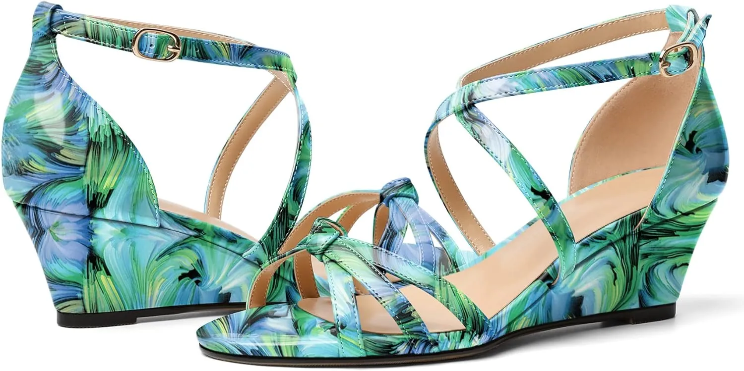 Eldof Women's Open Toe Ankle Strap Criss Cross Wedge Sandals 2 Inches Low Heel Wedge Pumps Shoes for Dress Casual Work Event