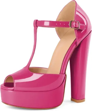 Eldof Women's Platform Chunky High Heels Ankle T Strap Square Peep Toe Sandals Party Dress Casual Shoes 6 Inches