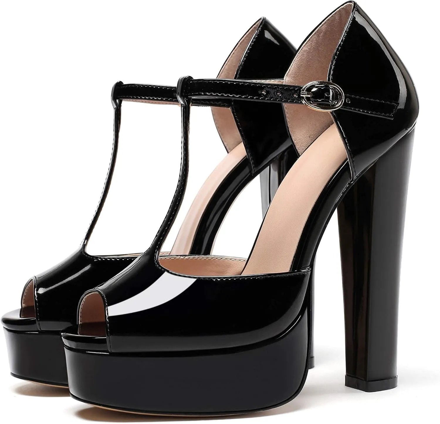 Eldof Women's Platform Chunky High Heels Ankle T Strap Square Peep Toe Sandals Party Dress Casual Shoes 6 Inches