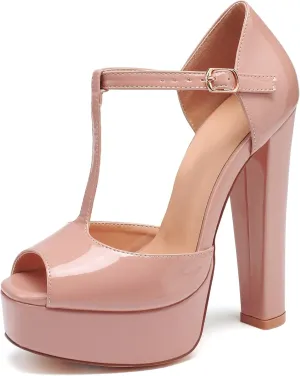 Eldof Women's Platform Chunky High Heels Ankle T Strap Square Peep Toe Sandals Party Dress Casual Shoes 6 Inches