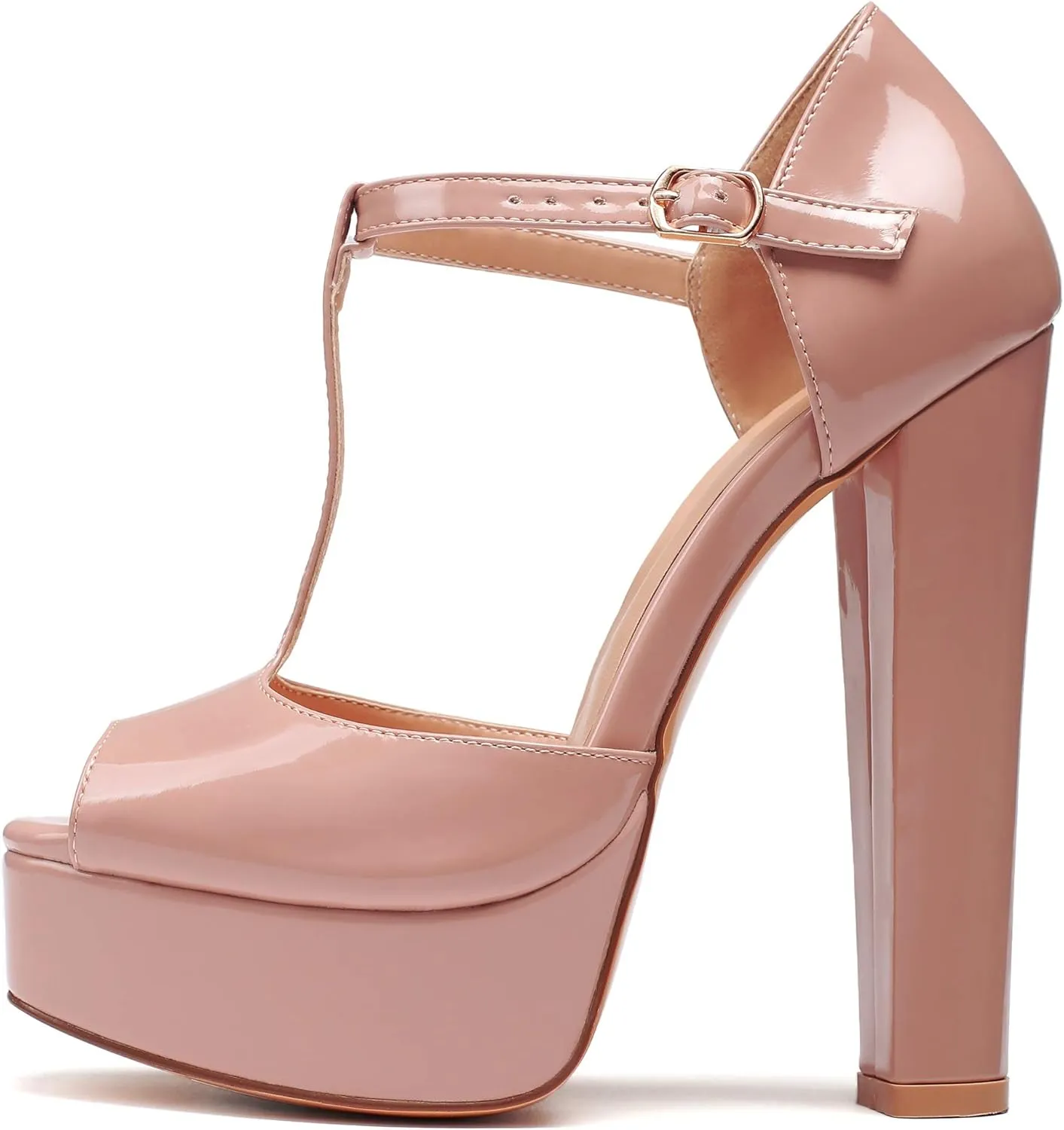 Eldof Women's Platform Chunky High Heels Ankle T Strap Square Peep Toe Sandals Party Dress Casual Shoes 6 Inches