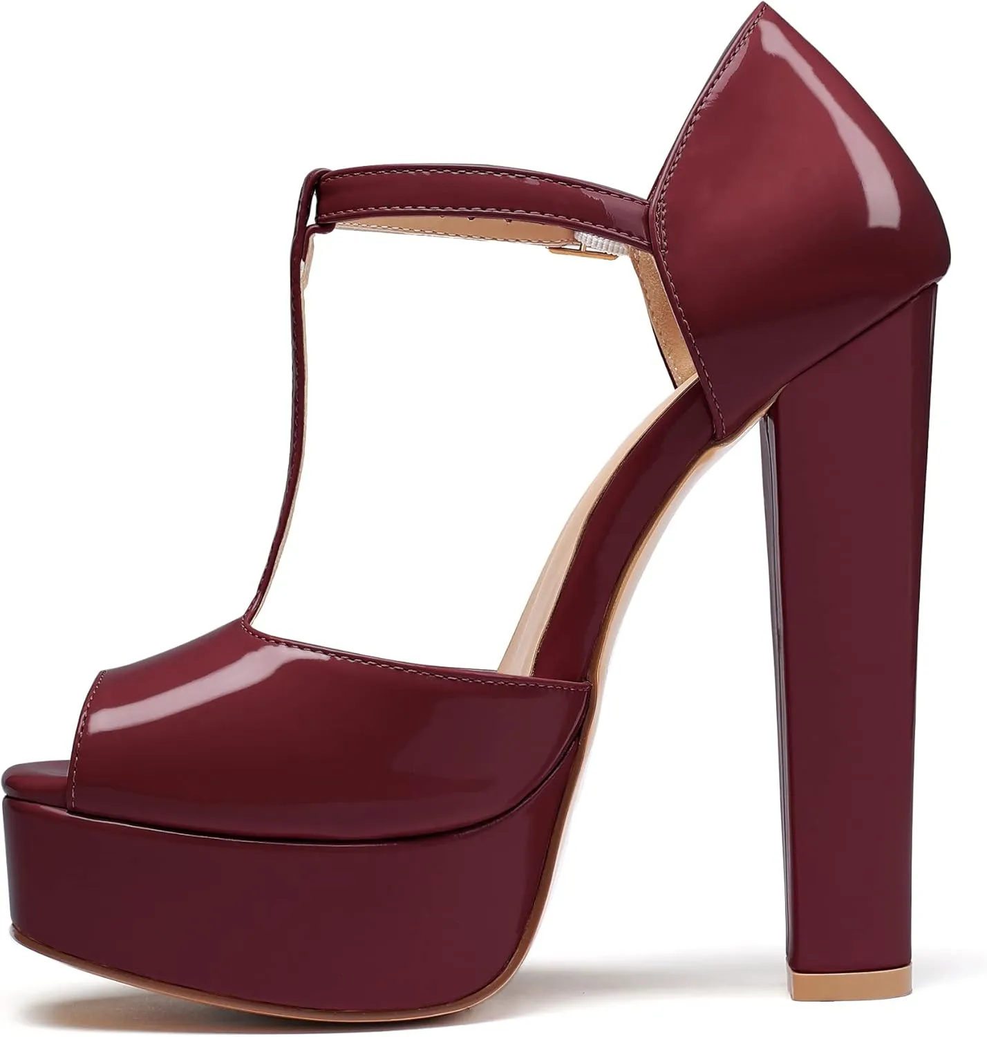 Eldof Women's Platform Chunky High Heels Ankle T Strap Square Peep Toe Sandals Party Dress Casual Shoes 6 Inches