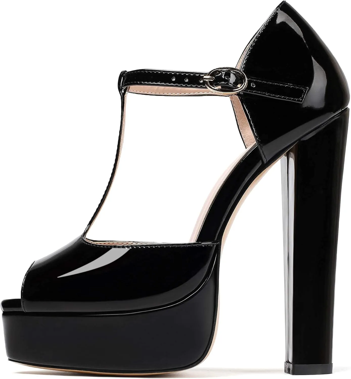 Eldof Women's Platform Chunky High Heels Ankle T Strap Square Peep Toe Sandals Party Dress Casual Shoes 6 Inches