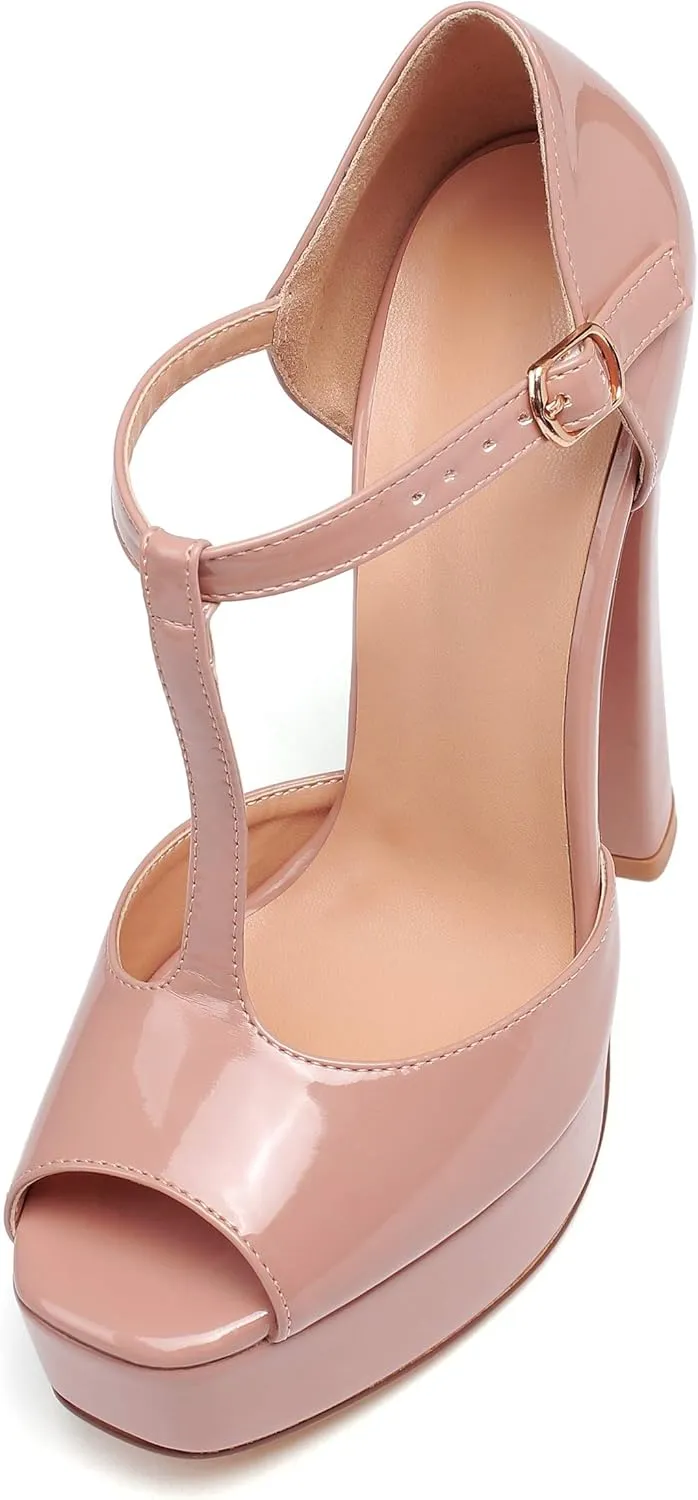 Eldof Women's Platform Chunky High Heels Ankle T Strap Square Peep Toe Sandals Party Dress Casual Shoes 6 Inches