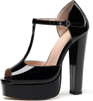 Eldof Women's Platform Chunky High Heels Ankle T Strap Square Peep Toe Sandals Party Dress Casual Shoes 6 Inches
