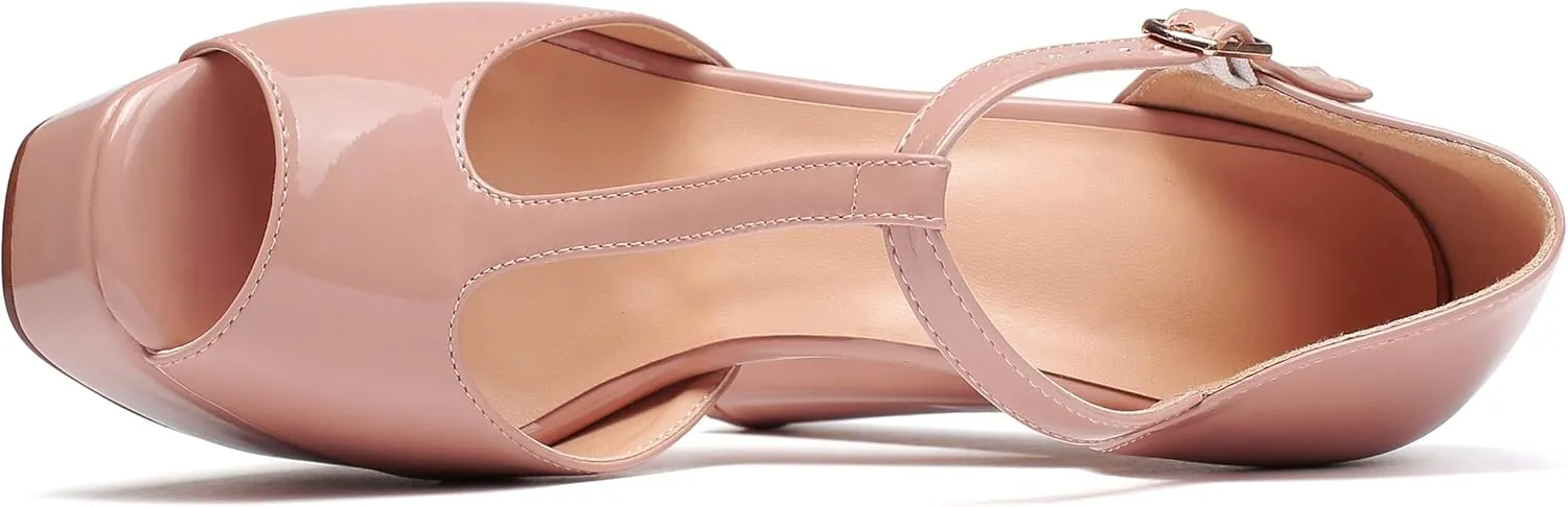 Eldof Women's Platform Chunky High Heels Ankle T Strap Square Peep Toe Sandals Party Dress Casual Shoes 6 Inches