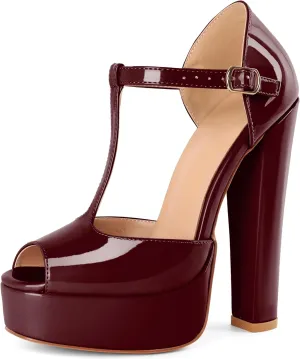 Eldof Women's Platform Chunky High Heels Ankle T Strap Square Peep Toe Sandals Party Dress Casual Shoes 6 Inches