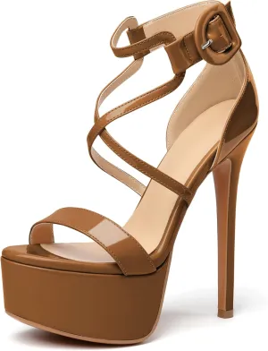 Eldof Women's Platform Sandals Ankle Strap 5.9" High Heels Cross Strap Stilettos Open Toe Ankle Strap Crisscross Sandals