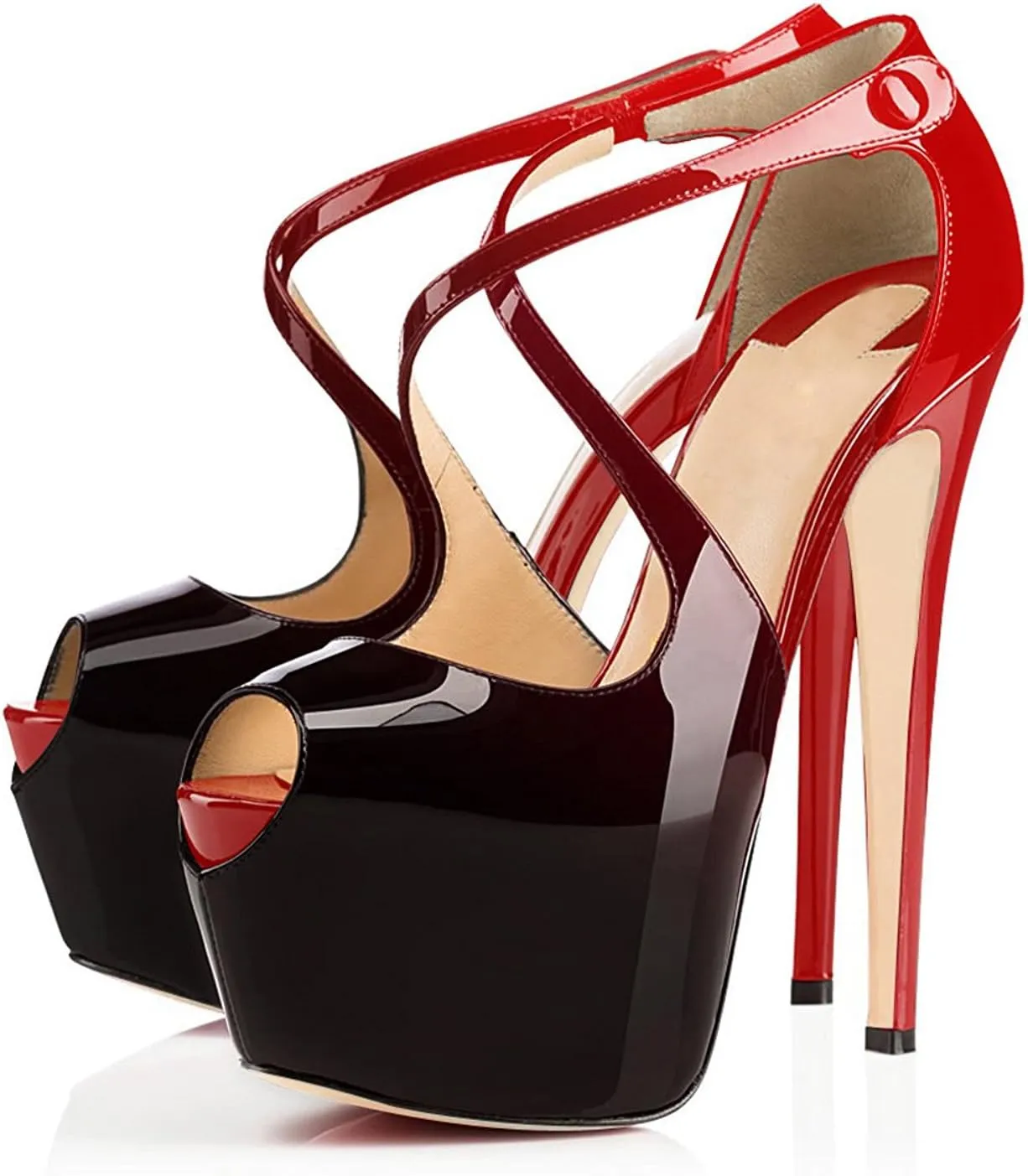 Eldof Women's Platform Stilettos Sandals with Cross Strap, Criss cross heels, 15cm High Heel Peep Toe Pumps