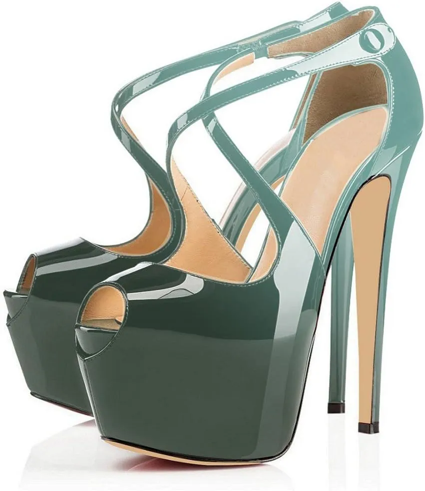 Eldof Women's Platform Stilettos Sandals with Cross Strap, Criss cross heels, 15cm High Heel Peep Toe Pumps