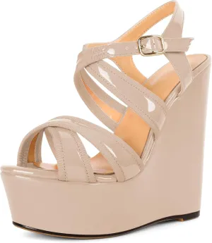 Eldof Women's Wedge Platform Sandals Open Toe Ankle Cross Strap High Heels 6 Inches Party Wedding