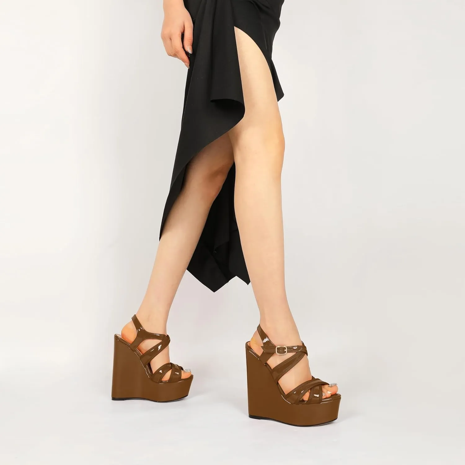 Eldof Women's Wedge Platform Sandals Open Toe Ankle Cross Strap High Heels 6 Inches Party Wedding