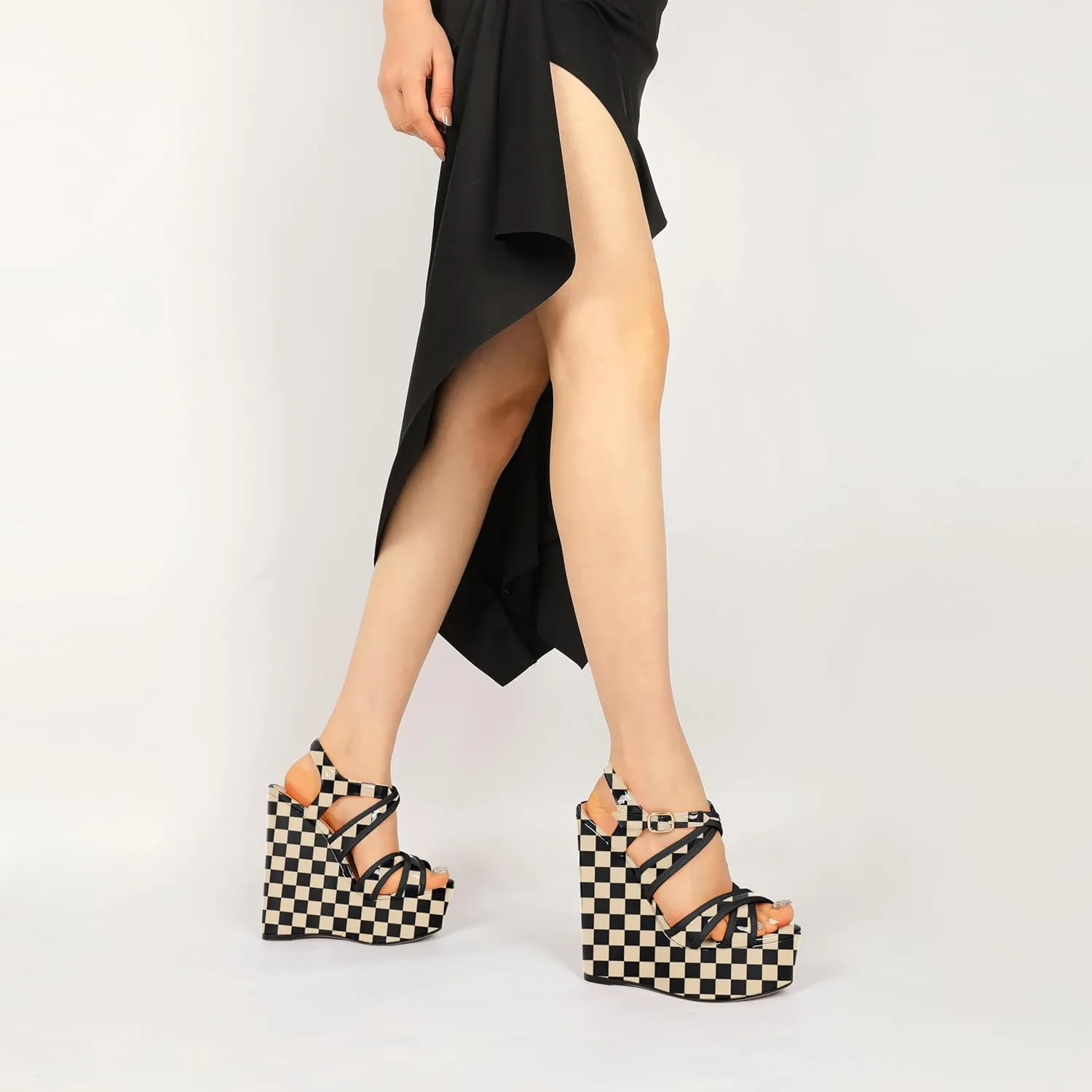 Eldof Women's Wedge Platform Sandals Open Toe Ankle Cross Strap High Heels 6 Inches Party Wedding