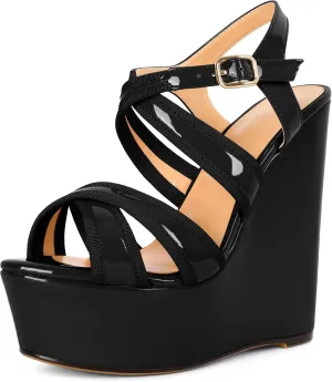 Eldof Women's Wedge Platform Sandals Open Toe Ankle Cross Strap High Heels 6 Inches Party Wedding