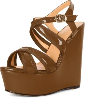 Eldof Women's Wedge Platform Sandals Open Toe Ankle Cross Strap High Heels 6 Inches Party Wedding