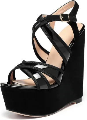 Eldof Women's Wedge Platform Sandals Open Toe Ankle Cross Strap High Heels 6 Inches Party Wedding