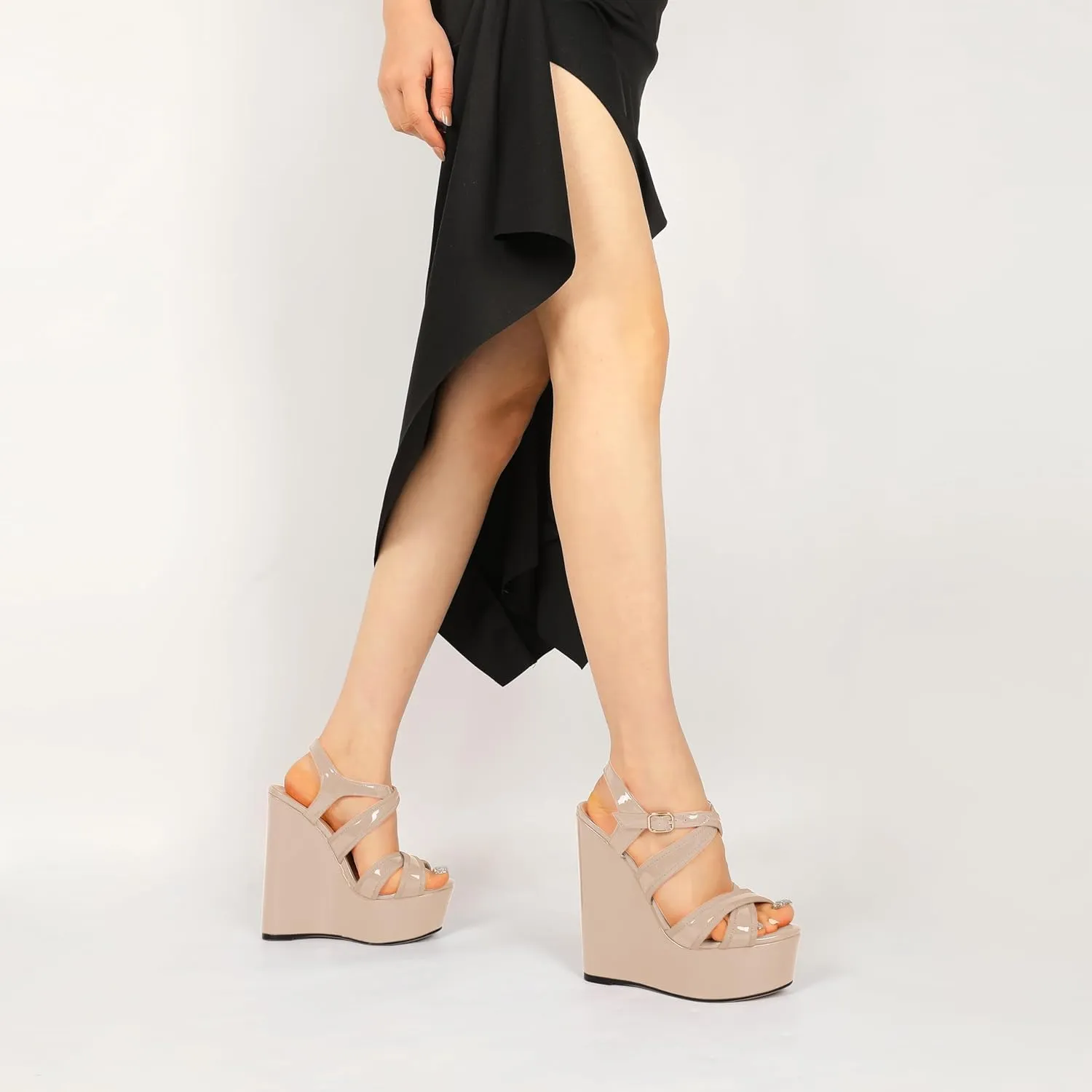 Eldof Women's Wedge Platform Sandals Open Toe Ankle Cross Strap High Heels 6 Inches Party Wedding