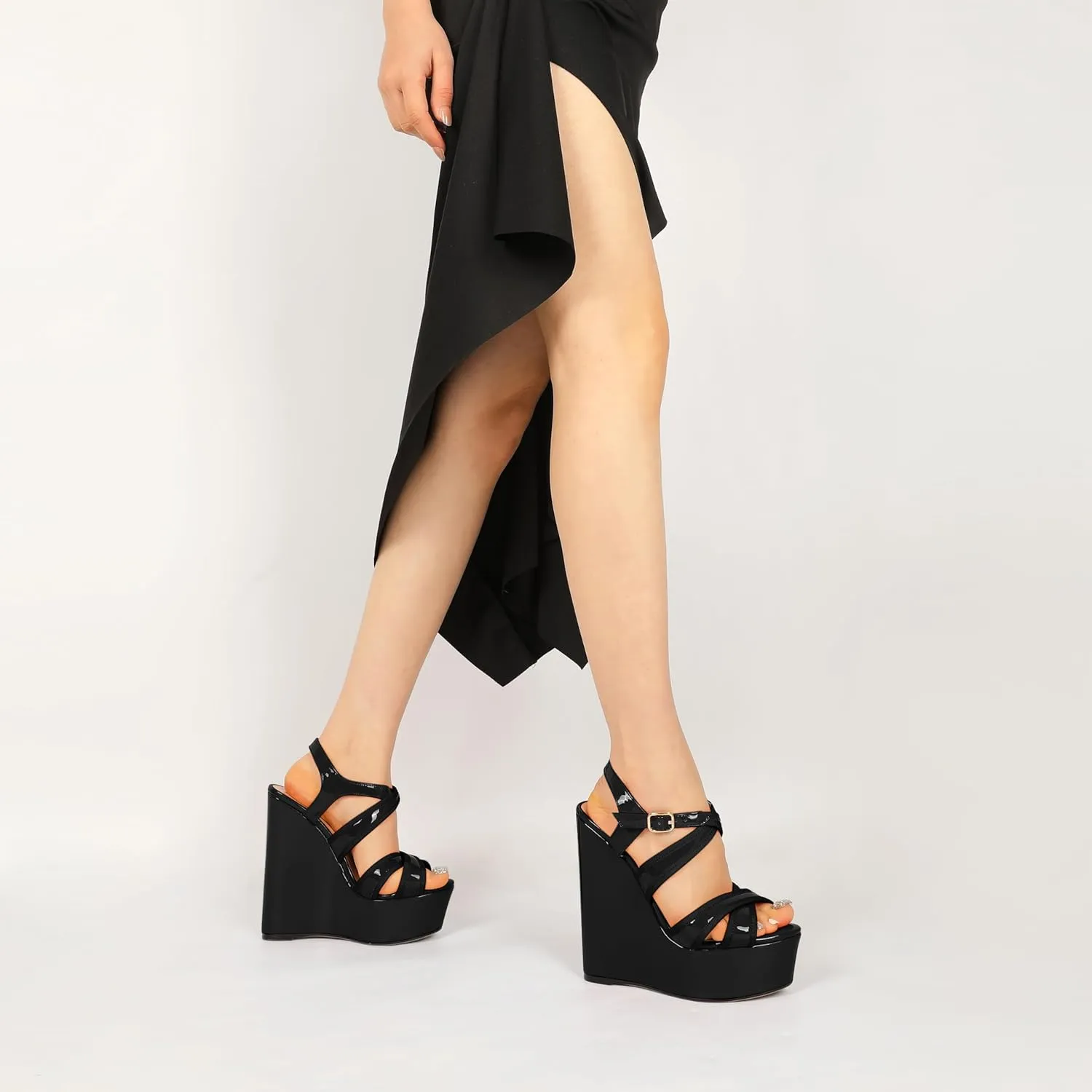 Eldof Women's Wedge Platform Sandals Open Toe Ankle Cross Strap High Heels 6 Inches Party Wedding