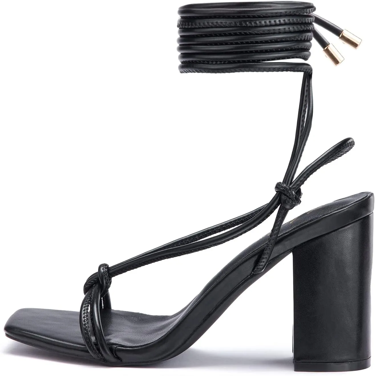 Elisabet Tang Women's Strappy Chunky Heels Sandals, 3 inch Low Block Heels Lace Up Ankle Wrap Heels Square Open Toe Tie Up Heeled Sandals Shoes