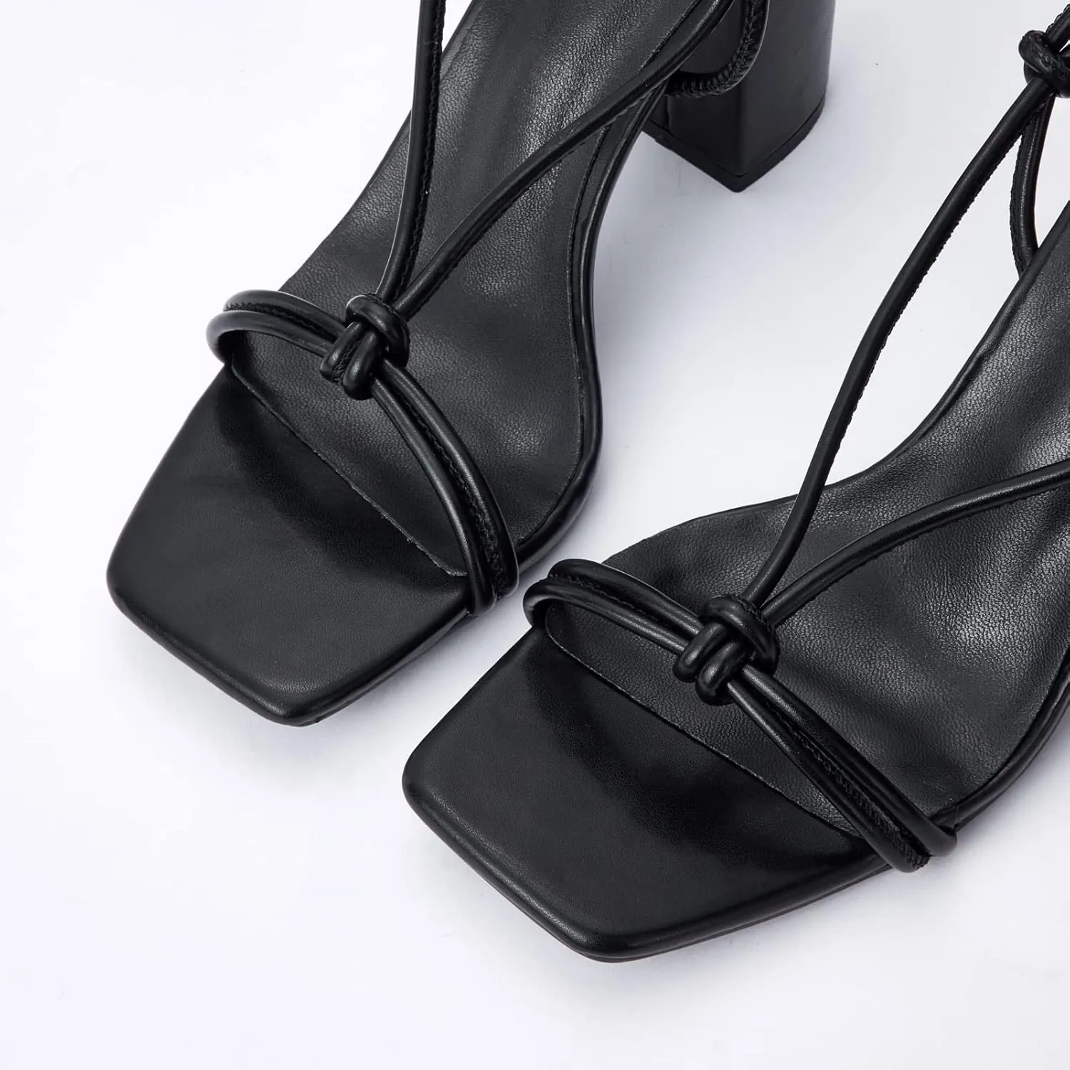 Elisabet Tang Women's Strappy Chunky Heels Sandals, 3 inch Low Block Heels Lace Up Ankle Wrap Heels Square Open Toe Tie Up Heeled Sandals Shoes