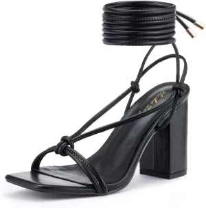 Elisabet Tang Women's Strappy Chunky Heels Sandals, 3 inch Low Block Heels Lace Up Ankle Wrap Heels Square Open Toe Tie Up Heeled Sandals Shoes