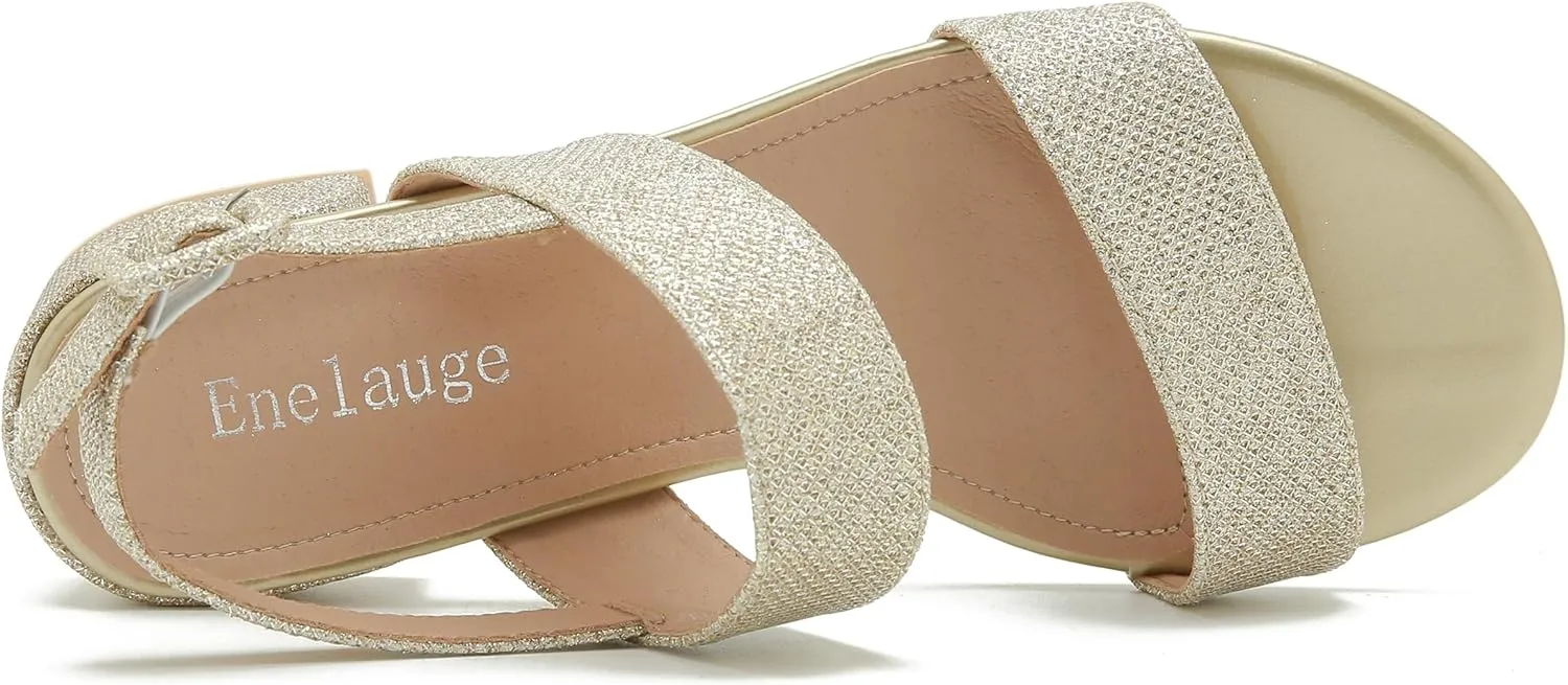 Enelauge Women's Open Toe Ankle Strap Low Block Chunky Heels Sandals Holiday Party Wedding Dress Pumps Shoes