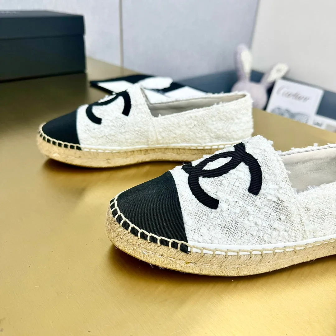 espadrilles white tweed cotton black grosgrain