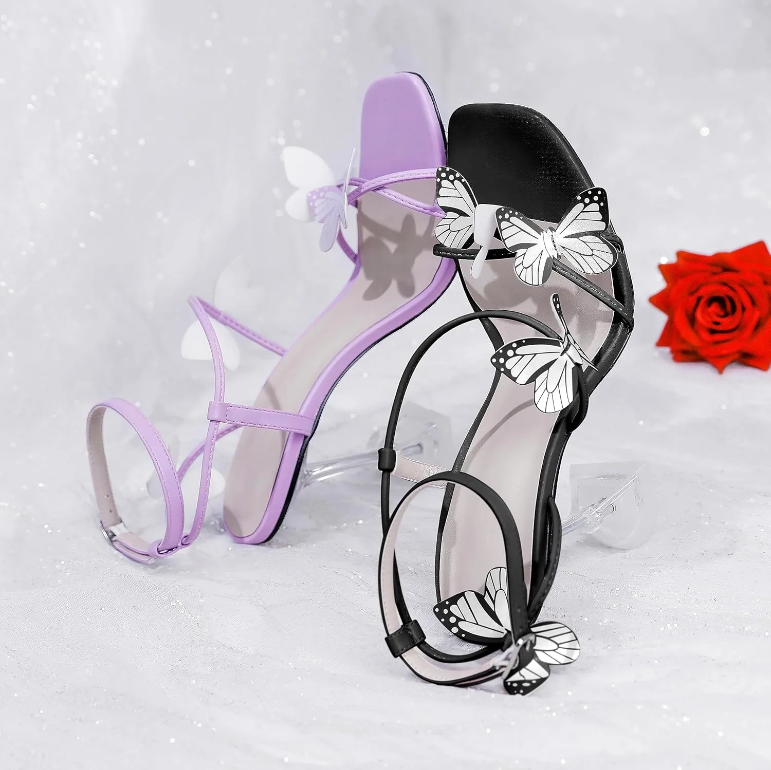 Esvowido Heeled Sandals for Women, Butterfly Ankle Strap Open Toe High Heels, Strappy Square Toe Clear Stiletto Spool Heels, Butterfly Sandals 4 Inches