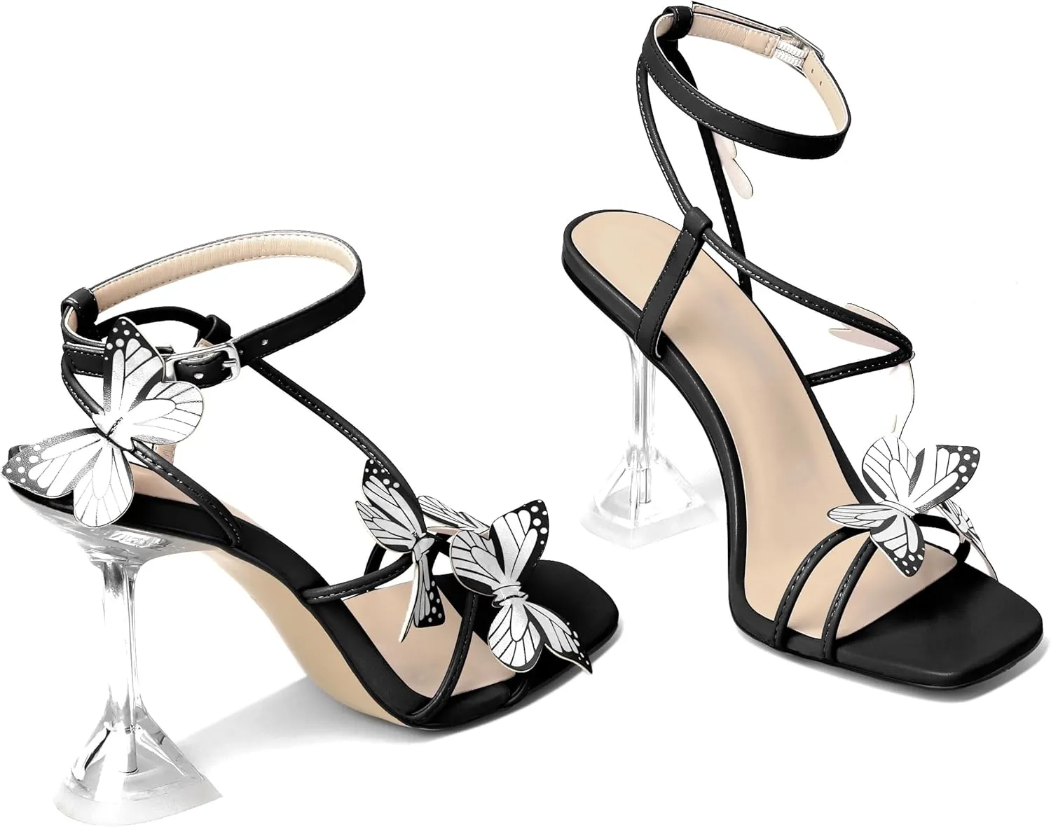 Esvowido Heeled Sandals for Women, Butterfly Ankle Strap Open Toe High Heels, Strappy Square Toe Clear Stiletto Spool Heels, Butterfly Sandals 4 Inches
