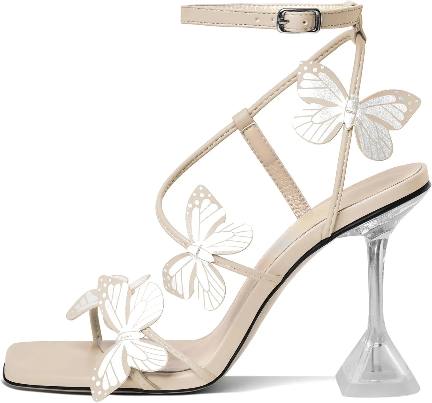 Esvowido Heeled Sandals for Women, Butterfly Ankle Strap Open Toe High Heels, Strappy Square Toe Clear Stiletto Spool Heels, Butterfly Sandals 4 Inches