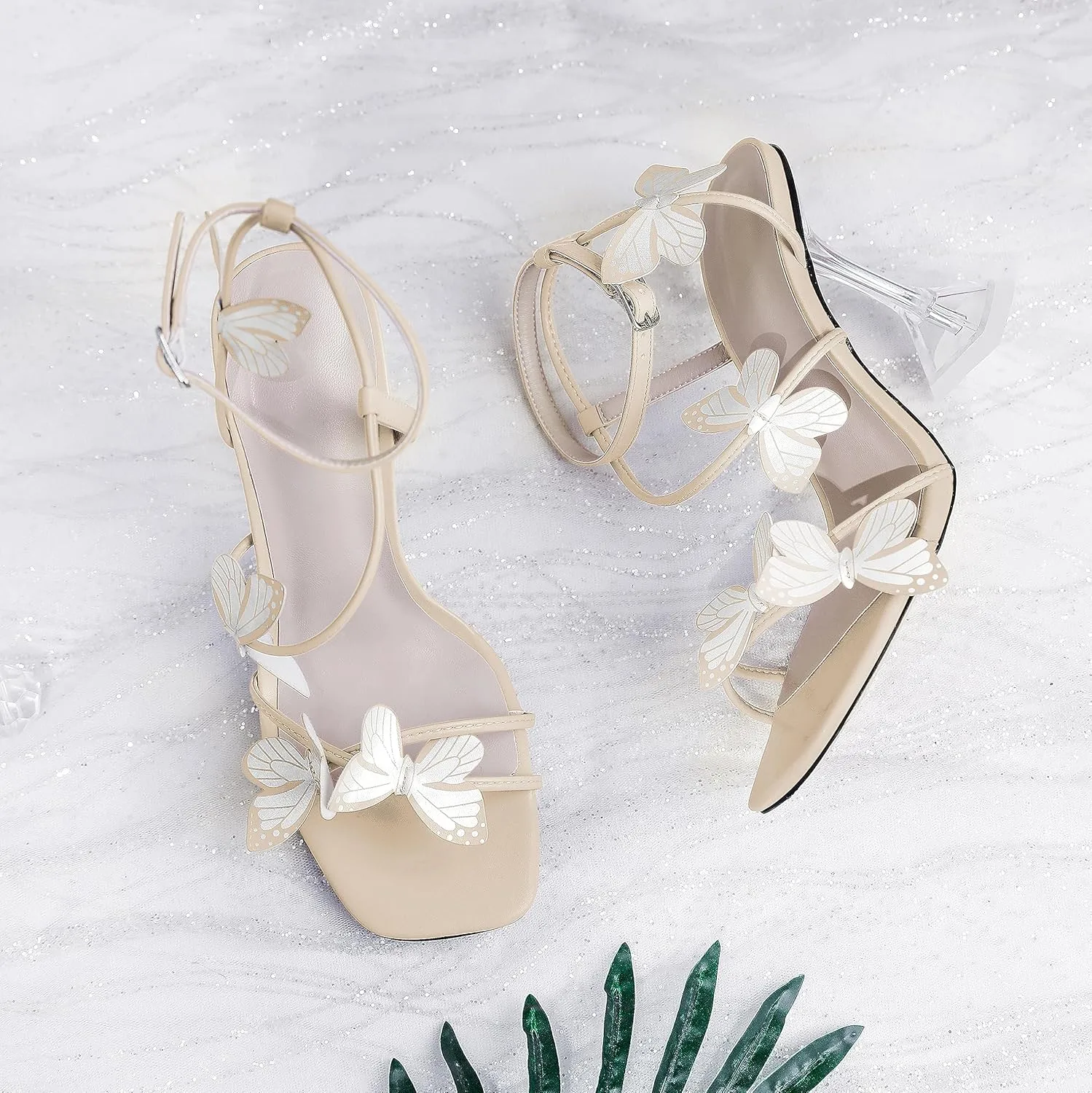 Esvowido Heeled Sandals for Women, Butterfly Ankle Strap Open Toe High Heels, Strappy Square Toe Clear Stiletto Spool Heels, Butterfly Sandals 4 Inches
