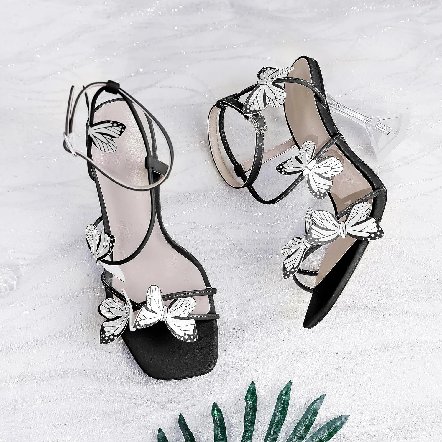 Esvowido Heeled Sandals for Women, Butterfly Ankle Strap Open Toe High Heels, Strappy Square Toe Clear Stiletto Spool Heels, Butterfly Sandals 4 Inches