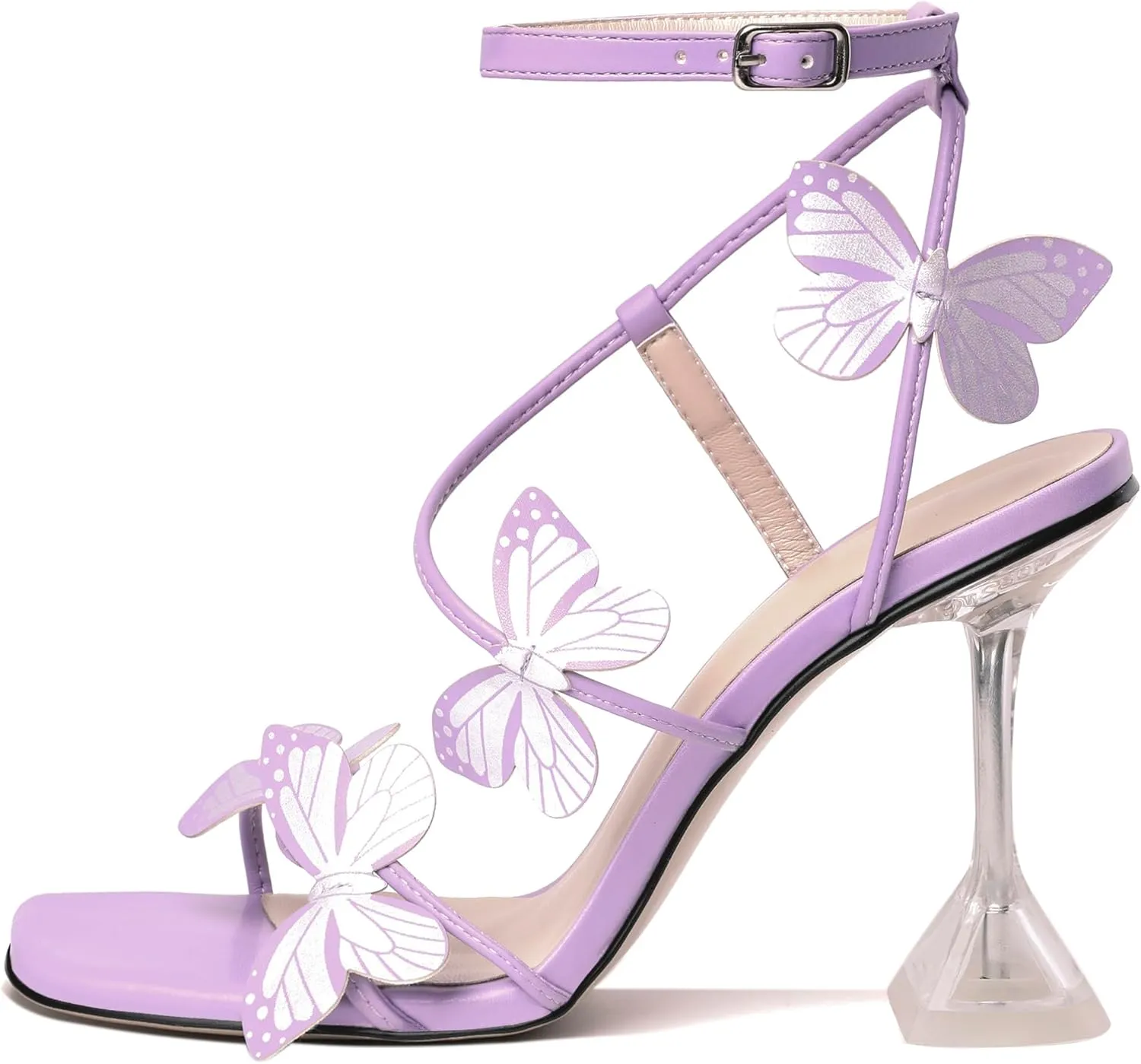 Esvowido Heeled Sandals for Women, Butterfly Ankle Strap Open Toe High Heels, Strappy Square Toe Clear Stiletto Spool Heels, Butterfly Sandals 4 Inches